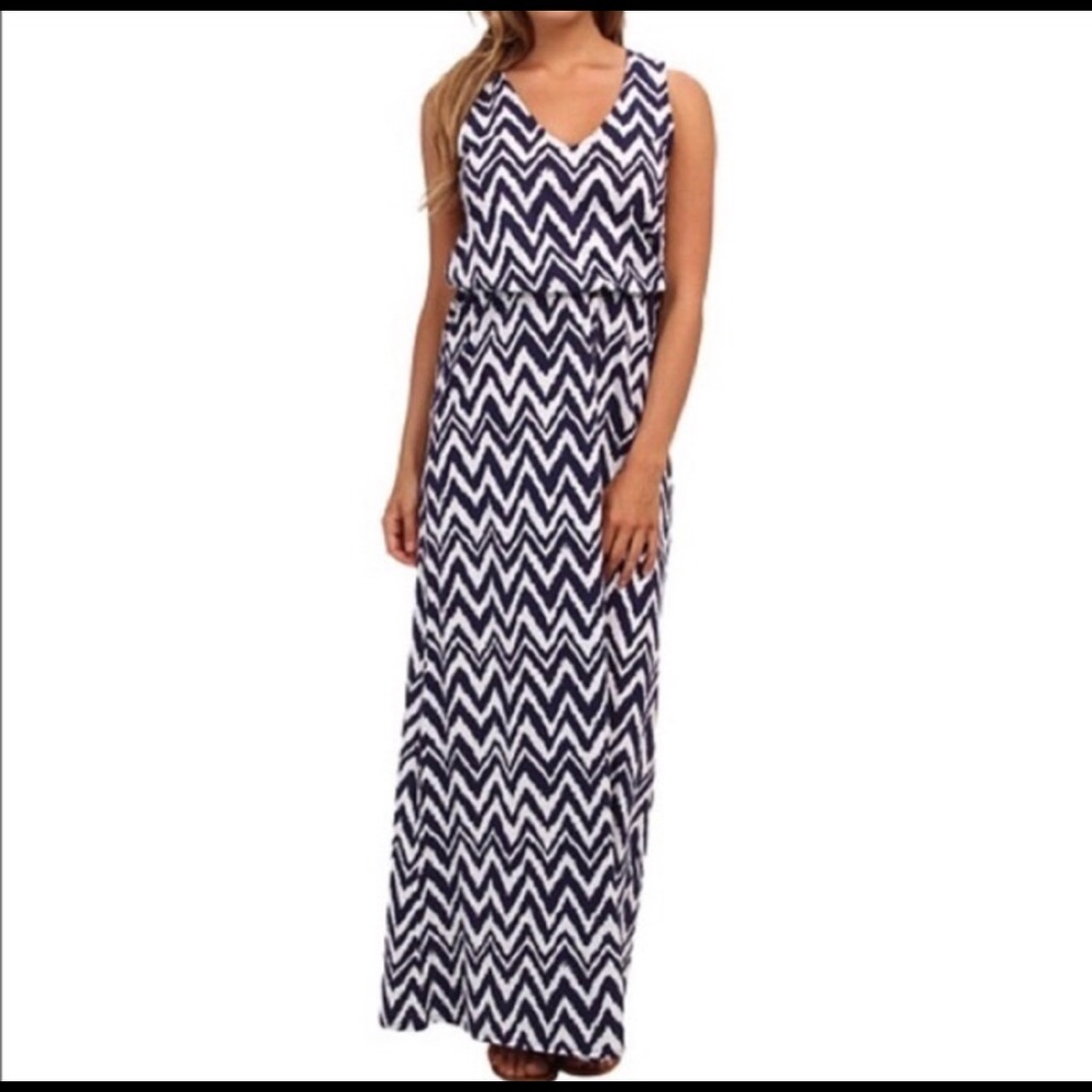 Lilly Pulitzer Mills Racerback Navy Blue Maxi Dress Chevron Print‎ Size Small